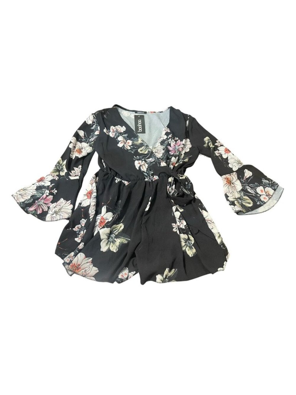 BOOHOO Women's Size 8 US Black Floral Faux-Wrap Tie Romper